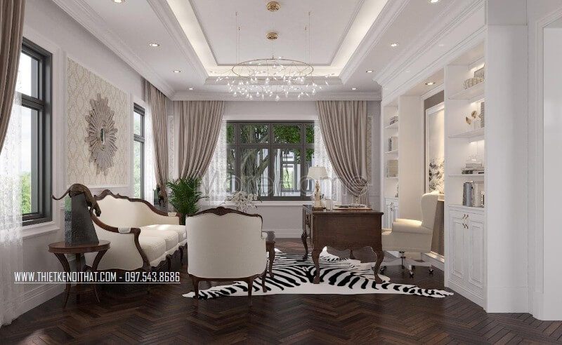 Biệt thự được trang trí bằng bộ sofa gỗ óc chó bọc vải màu trắng sữa cao cấp với phong cách tân cổ điển.